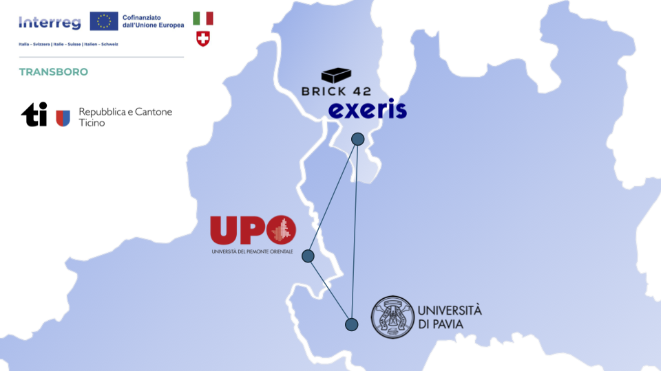 Map of the TRANSBORO project partners across northern Italy and southern Switzerland.